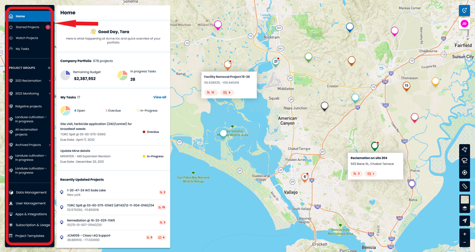 Home dashboard with navigation